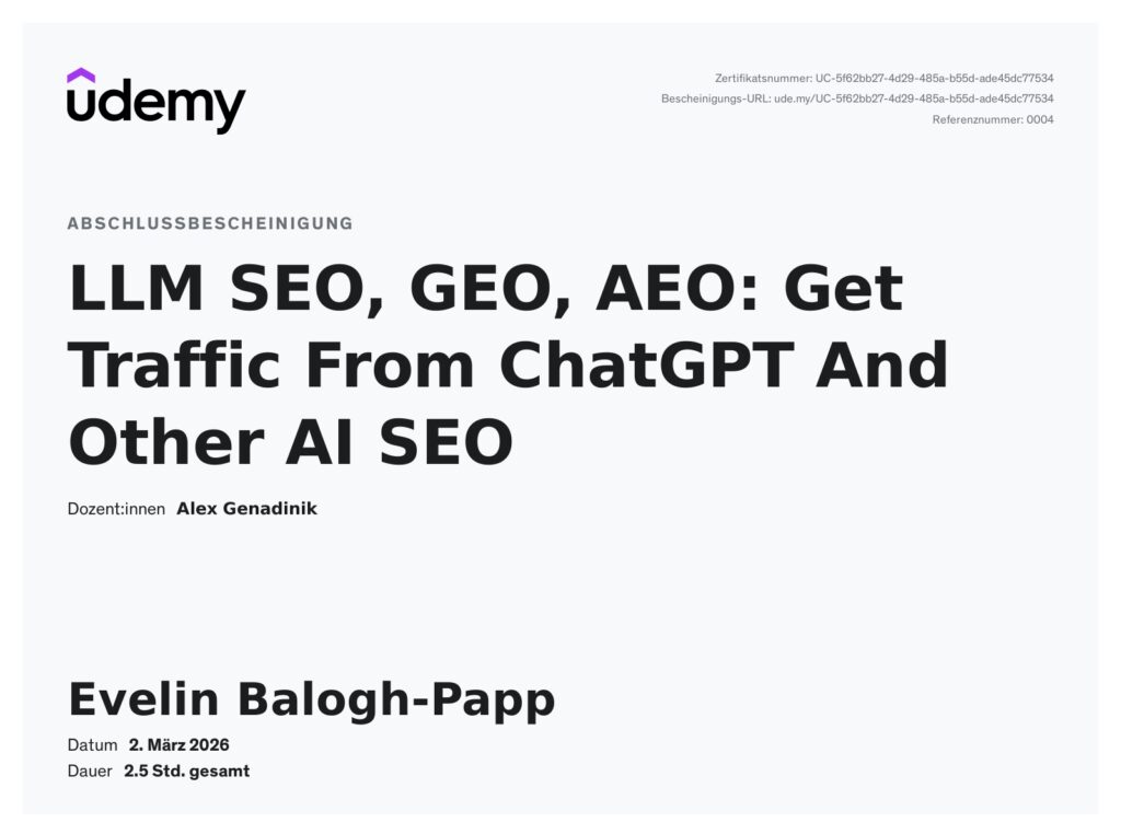 LLM SEO, GEO, AEO képzés igazolás Balogh-Papp Evelin